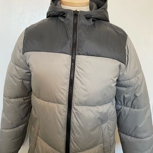 Light and dark gray combo puffer jacket.